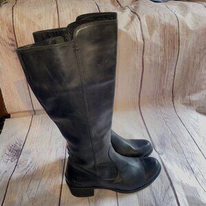 UGG Womens  Black Leather Knee High Boots 10 Side Zip Riding Elastic Band